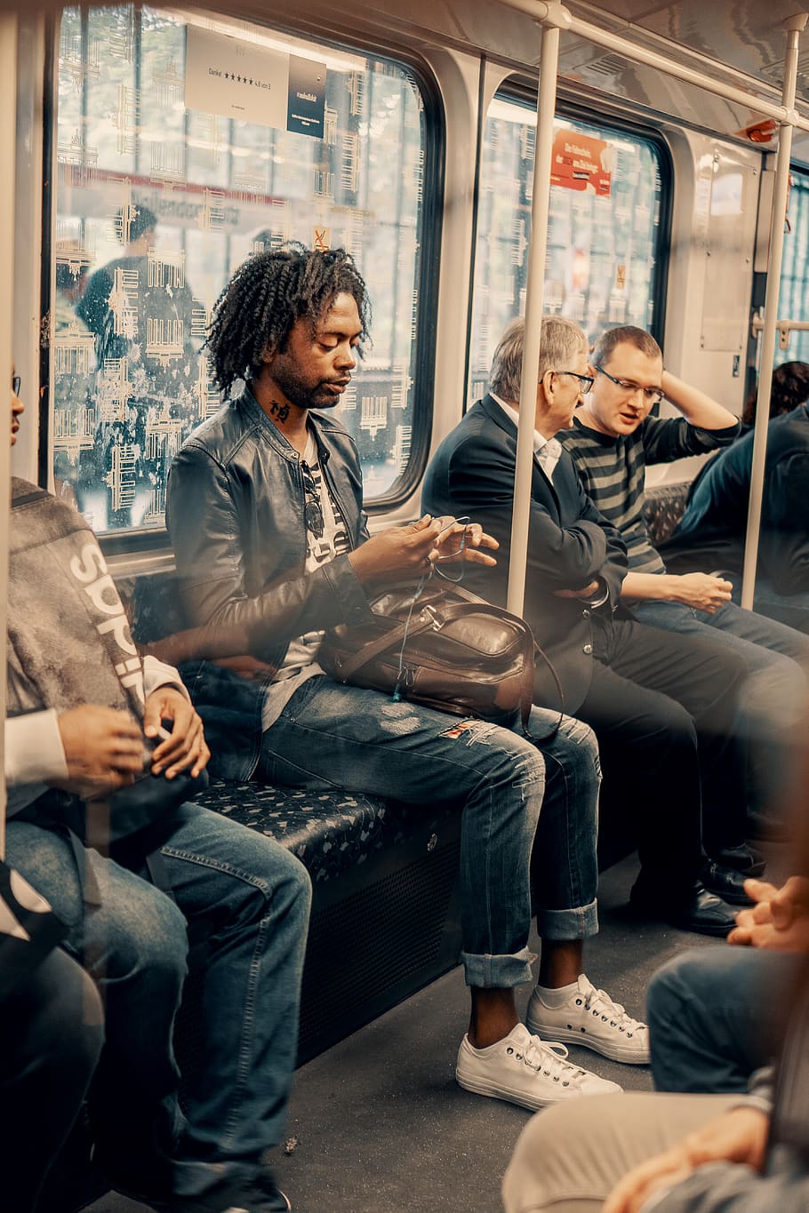 men riding train, human, person, sitting, shoe, apparel, footwear HD wallpaper