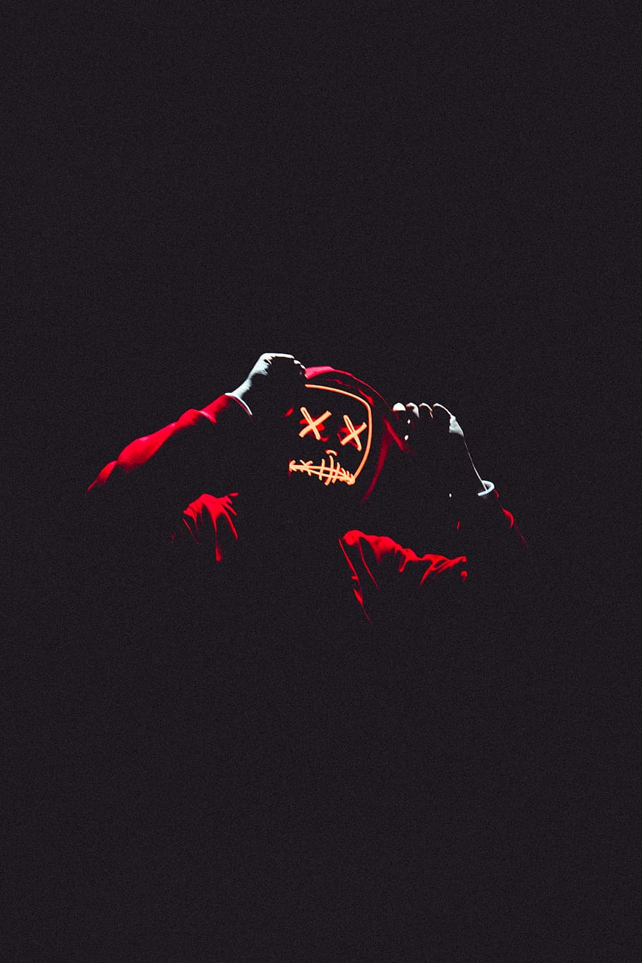 Person Wearing Red Hoodie, creepy, horror, light, mask, neon light, HD wallpaper
