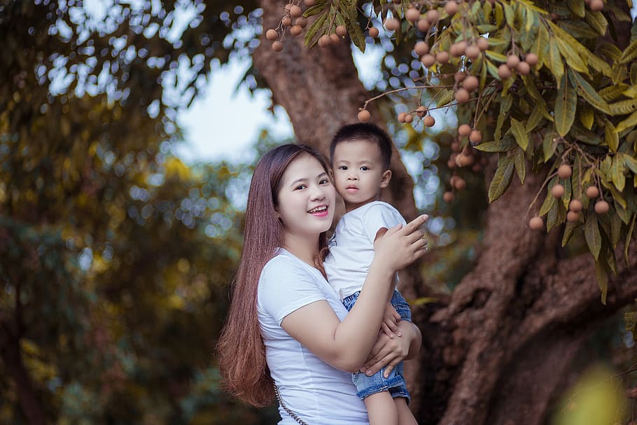 Woman Carrying Child Standing Near Tree, boy, cute, embrace, family HD wallpaper