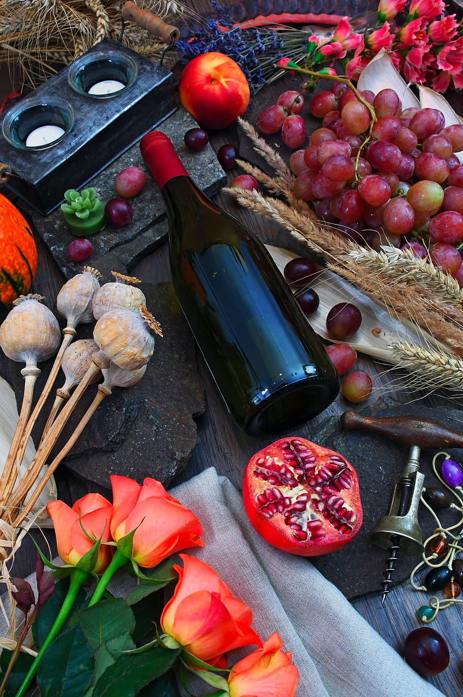 Bottle Beside Grape Fruit, apple, close-up, colors, corkscrew HD wallpaper