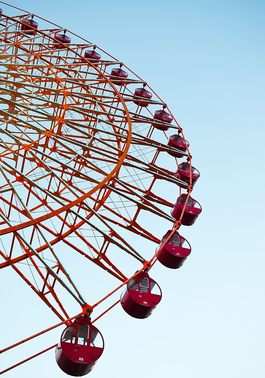 red ferry's wheel, japan, kobe, amusement park, construction crane HD wallpaper