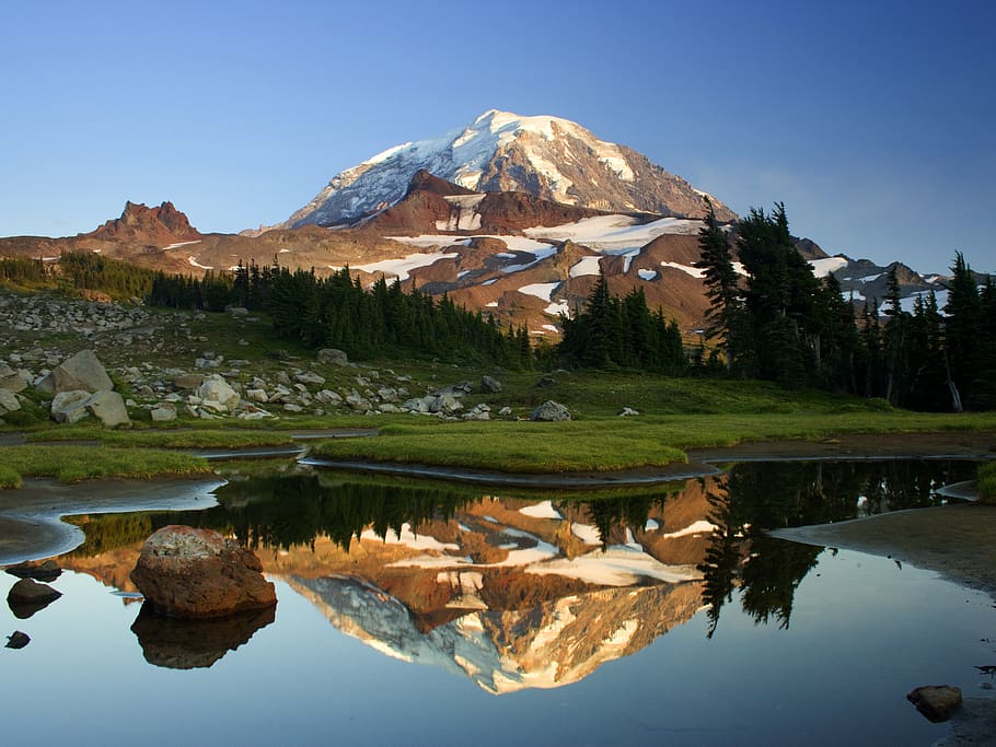 Brown Mountain, mountains, nature, reflection, snow, water, lake HD wallpaper