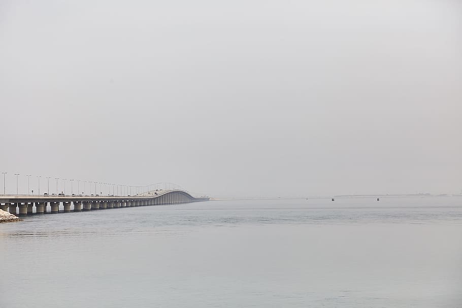 Body of Water, bridge, clouds, daylight, fog, landscape, mist HD wallpaper