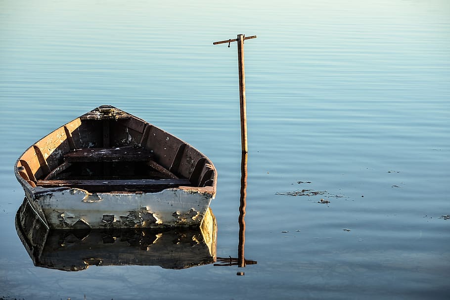 peeling, boat, moar, water, lake, blue, old, rowing, timber, HD wallpaper