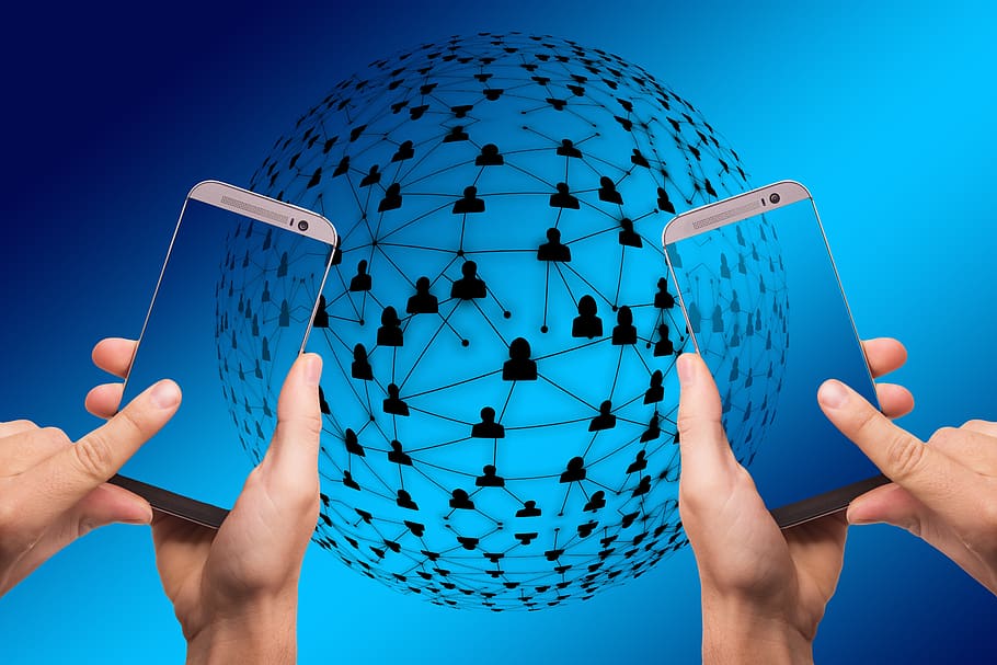 smartphone, network, gear, gears, block chain, globe, digitization HD wallpaper