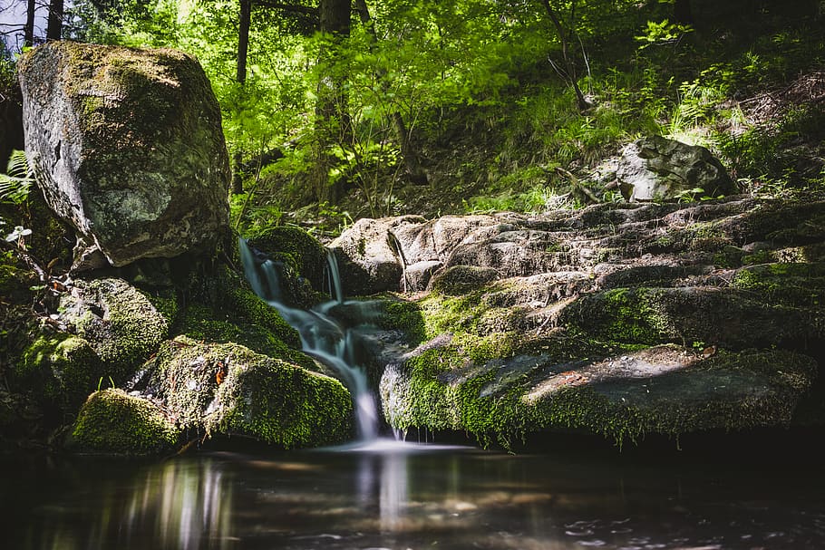 waterfalls near trees, solid, rock, plant, beauty in nature, rock - object HD wallpaper