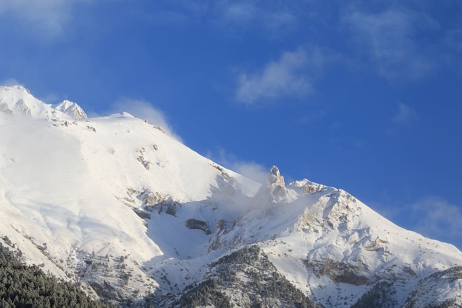 mountain, landscape, winter, snow, nature, mountains, sky, clouds HD wallpaper