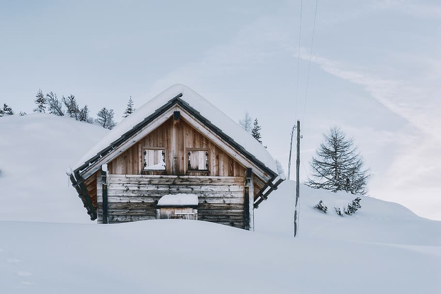 House Covered in Snow, building, cabin, chalet, clouds, cold HD wallpaper
