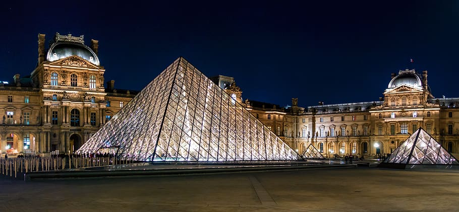france, paris, louvre pyramid, night, city, architecture, illuminated