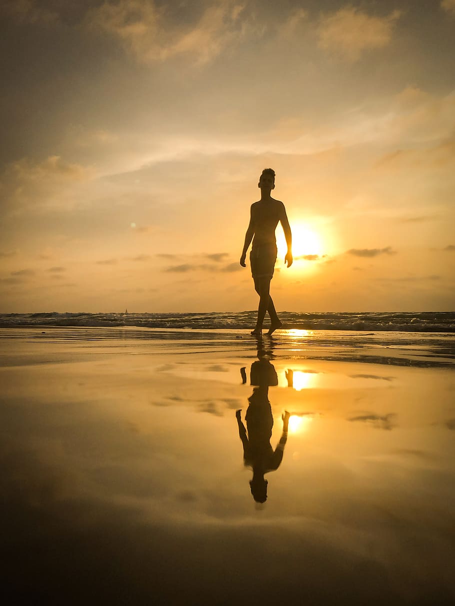Silhouette of Man on Seashore, backlit, beach, clouds, dawn, evening HD wallpaper