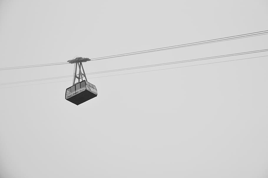 zugspitze, white, bw, sky, mountain, hill, black, gondola, gondel HD wallpaper