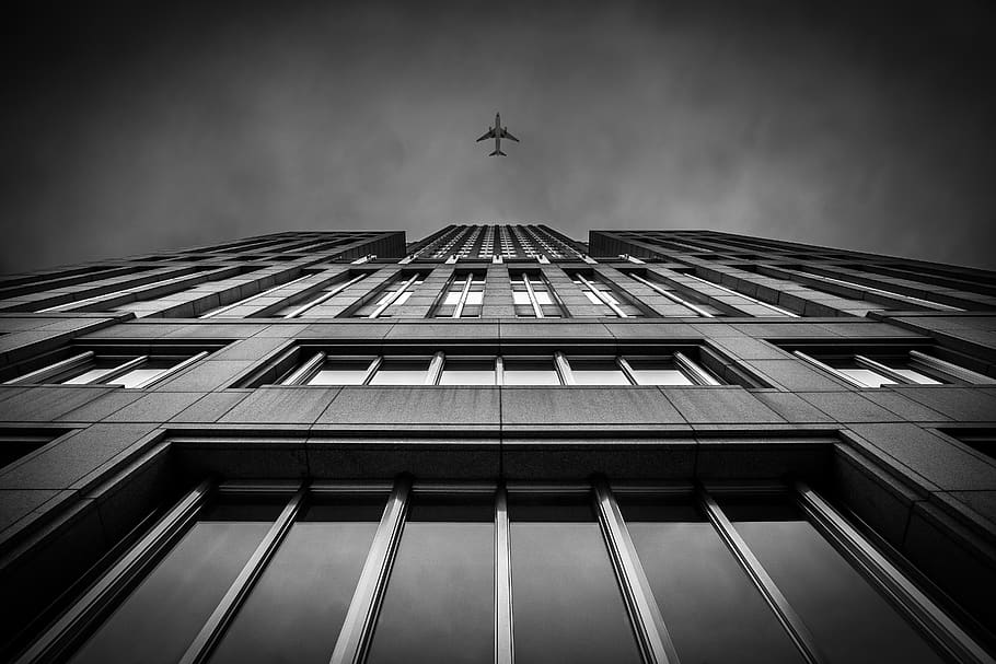 Monochrome Photo of Building, 4k wallpaper, aircraft, airplane