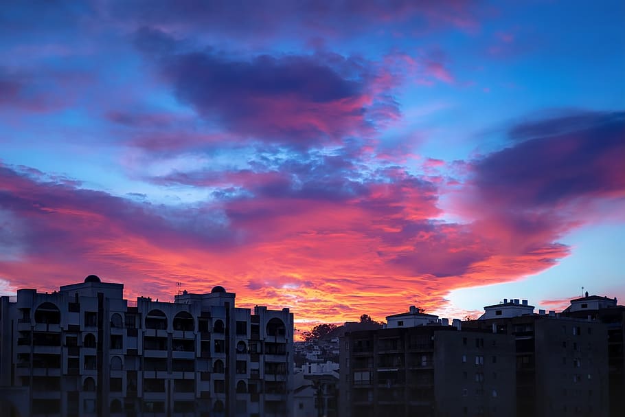 sunset, dawn, city, clouds, evening, landscape, horizon, twilight HD wallpaper