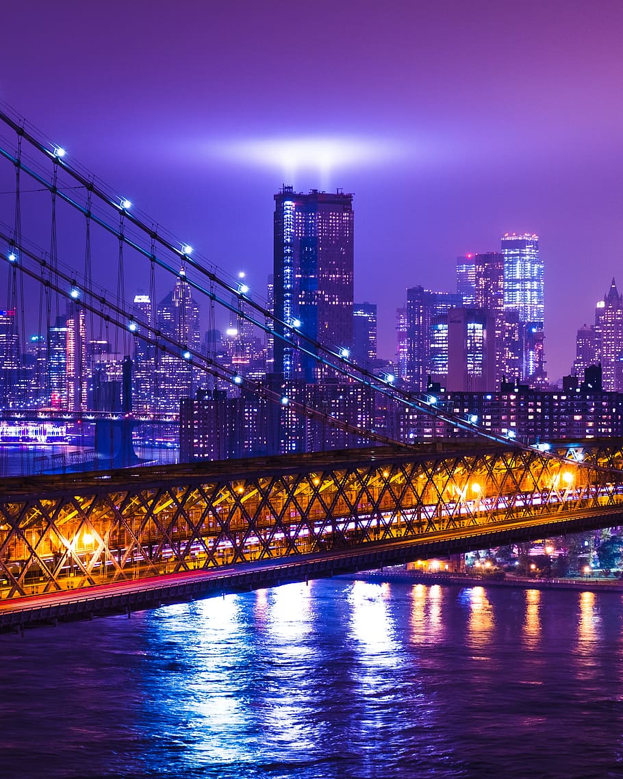 photography of suspension bridge and high-rise building during nighttime, HD wallpaper