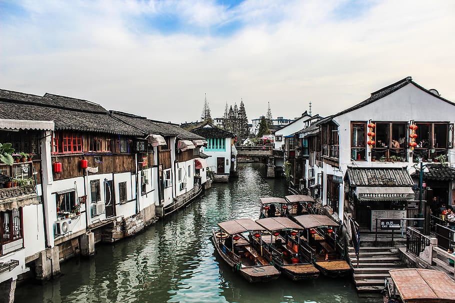 china, zhujiajiao, ancient, town, chinese, river, boats, houses