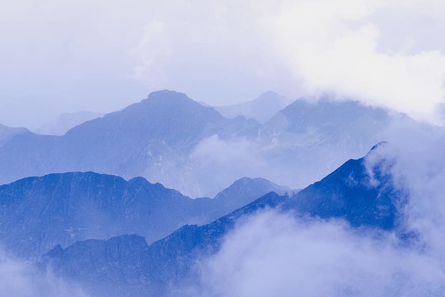 bird's-eye view photography of mountains, layer, nature, blue, HD wallpaper