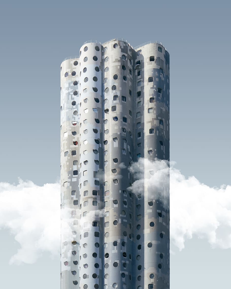gray building with clouds, tower, skyscraper, high, grey, window HD wallpaper