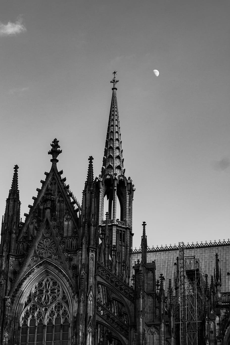 cologne, germany, city, moon, gothic, church, black and white, HD wallpaper