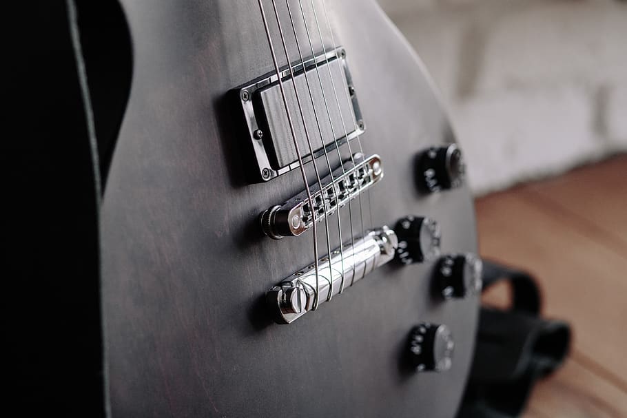 black electric guitar, musical instrument, poland, warsaw, domino, HD wallpaper