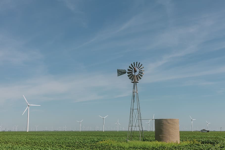 wind vane on grass field, renewable energy, alternative energy HD wallpaper