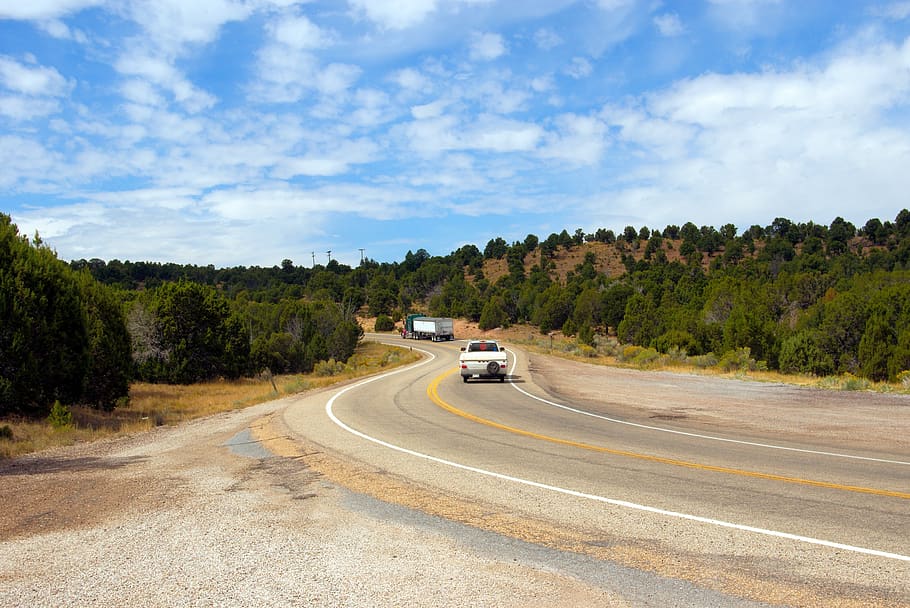 hwy 191 at flaming gorge, highway, road, curves, truck, camper, HD wallpaper