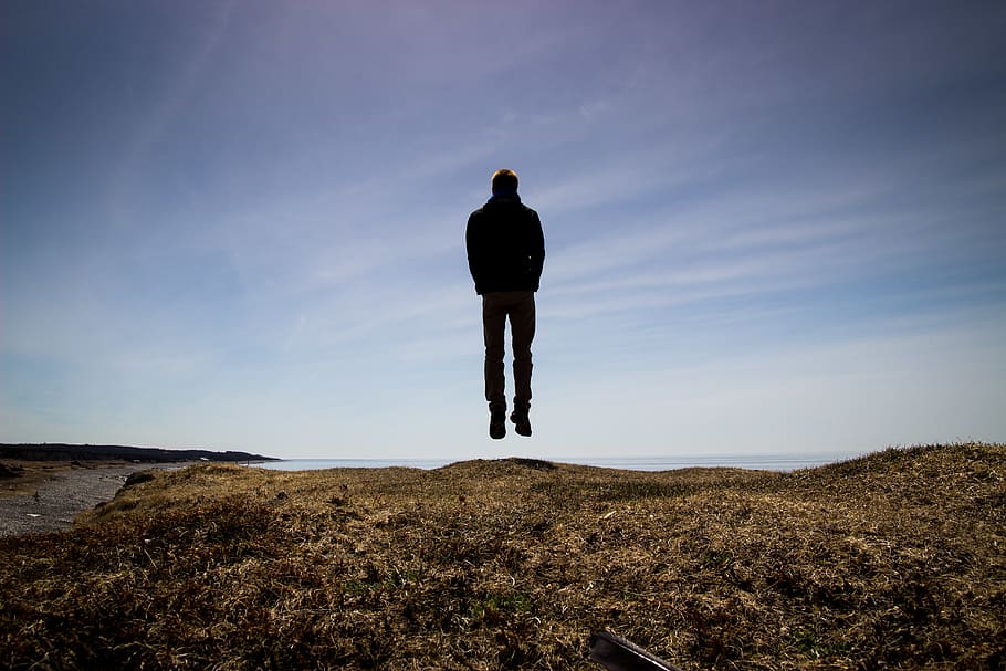 silhouette on floating man, one person, sky, real people, rear view HD wallpaper