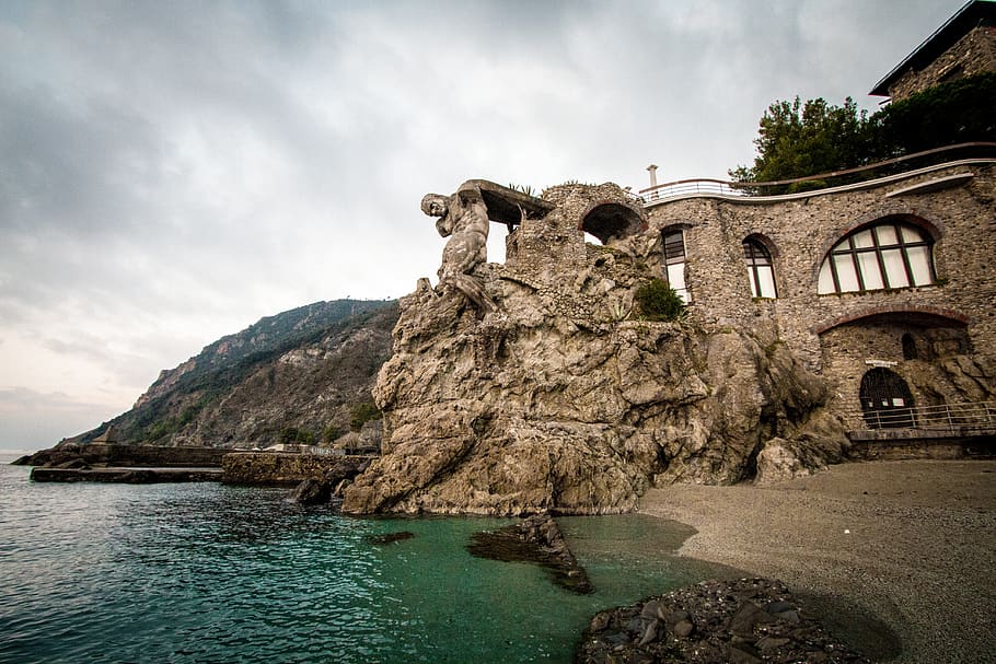 gray stone house, nature, outdoors, land, promontory, sea, water HD wallpaper