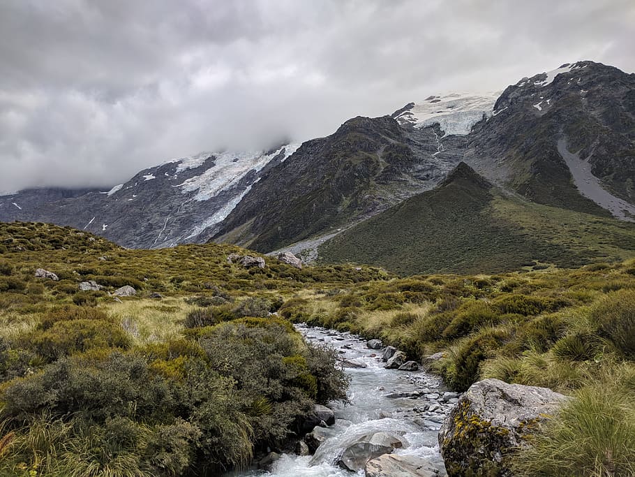 river surrounded by grasses, mountain, ridge, valley, field, green HD wallpaper