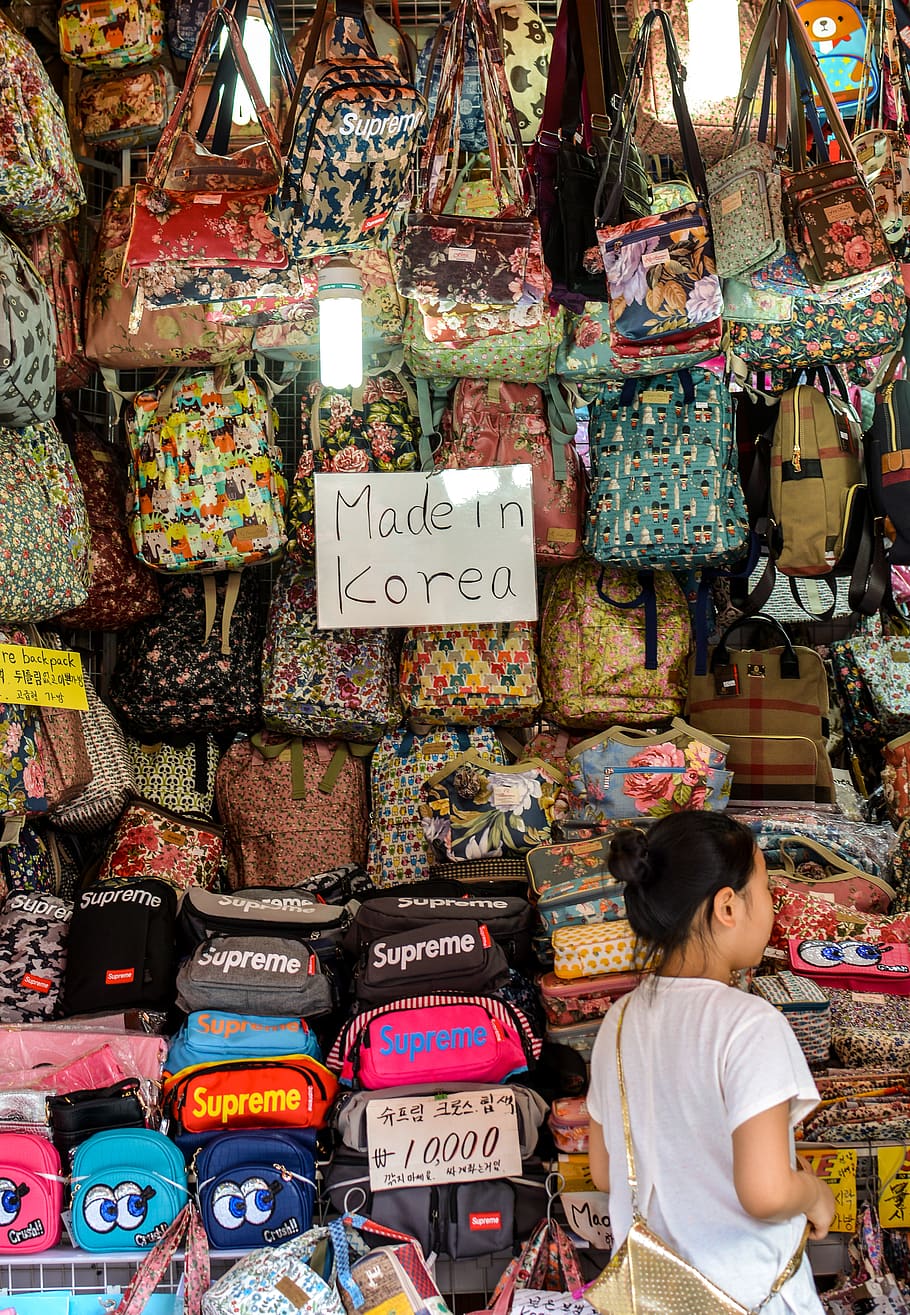 assorted-colored backpacks, retail, for sale, market, large group of objects HD wallpaper