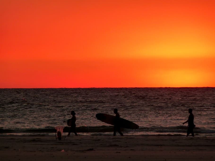 sunset, red, sky, beach, sand, ocean, water, surfing, surfer HD wallpaper