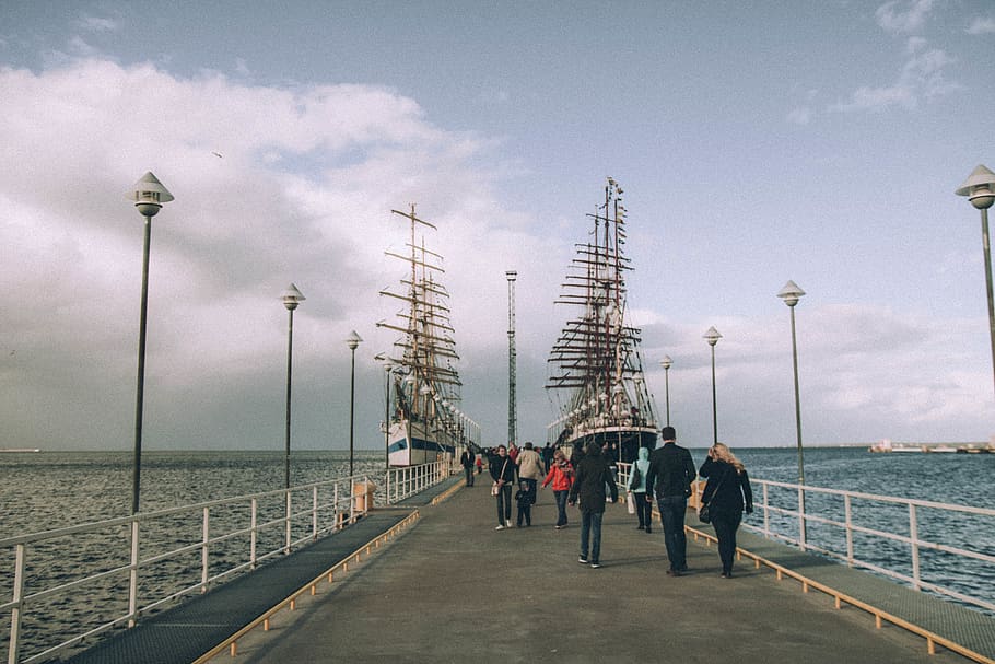 People Walking on Bridge Under Gray, clouds, daylight, dock, harbor HD wallpaper