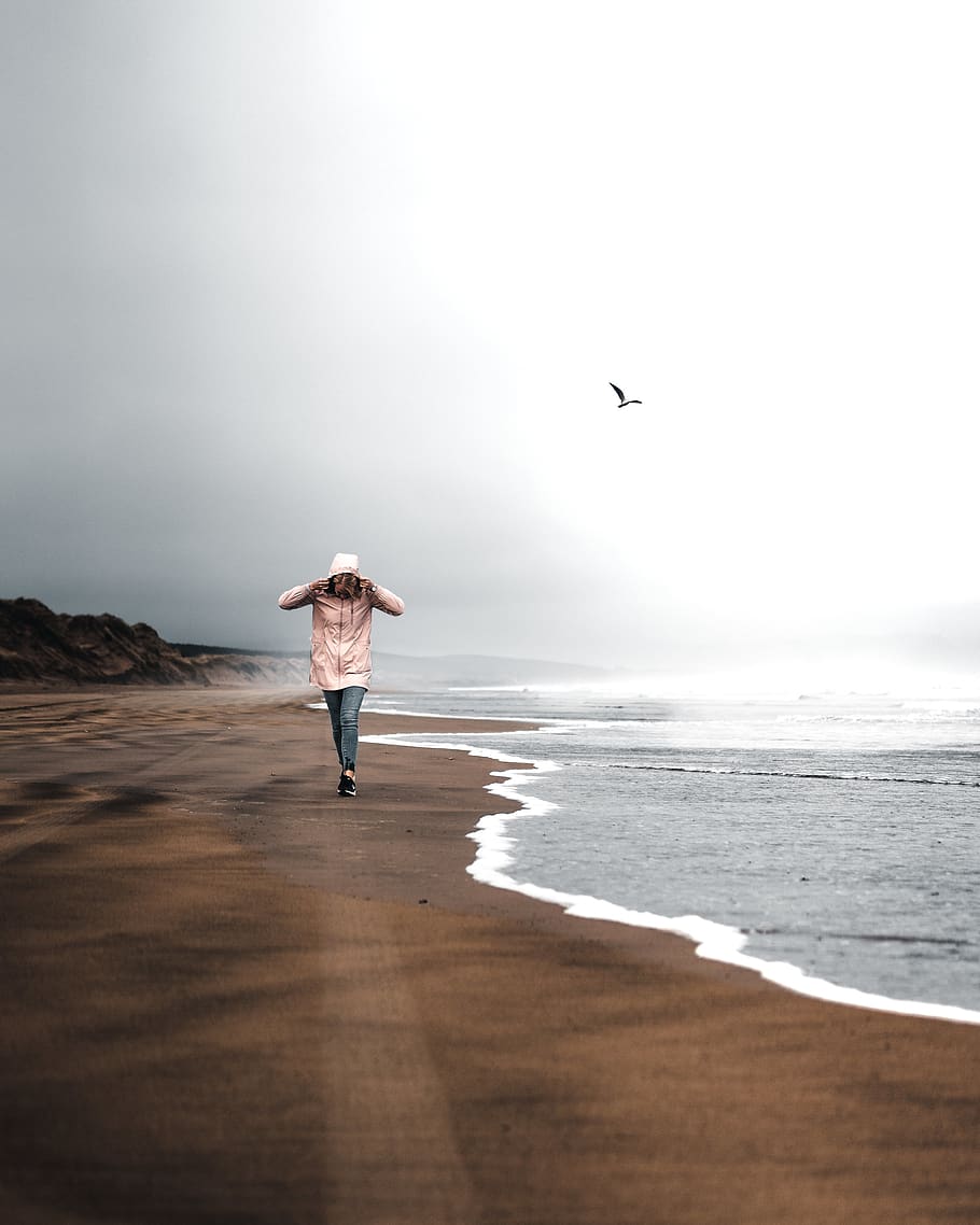 Person Walking Near Shore, beach, breeze, daylight, flying, hoodie HD wallpaper