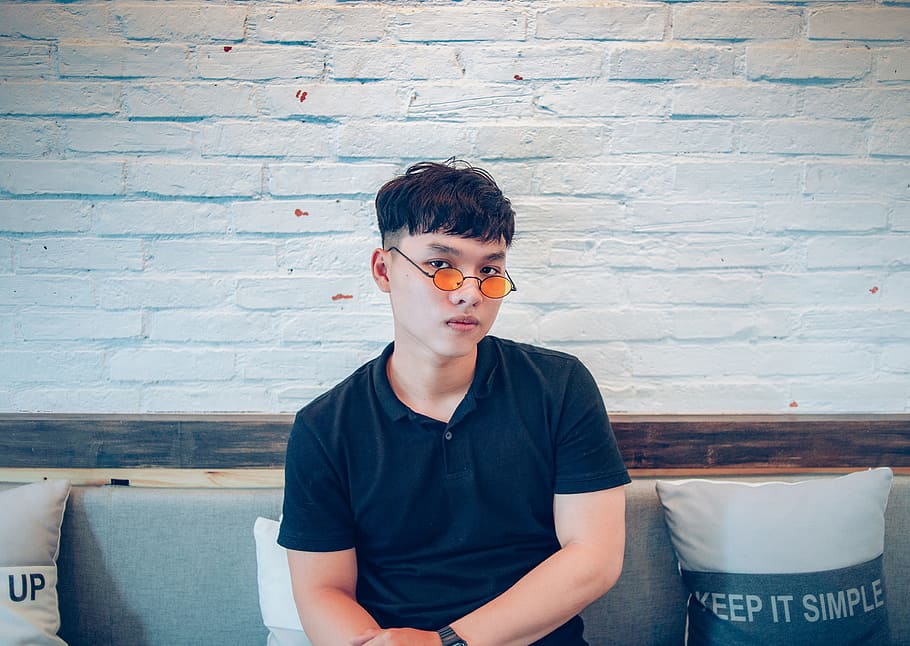 Man Wearing Black Polo Shirt, brickwall, indoors, looking, person HD wallpaper