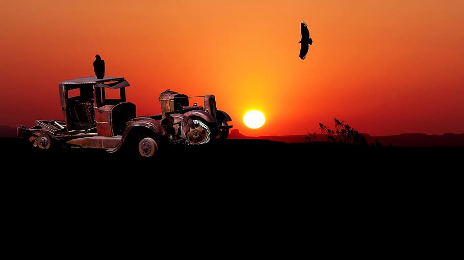 sunset, car, old, ruins, sky, landscape, twilight, transport HD wallpaper