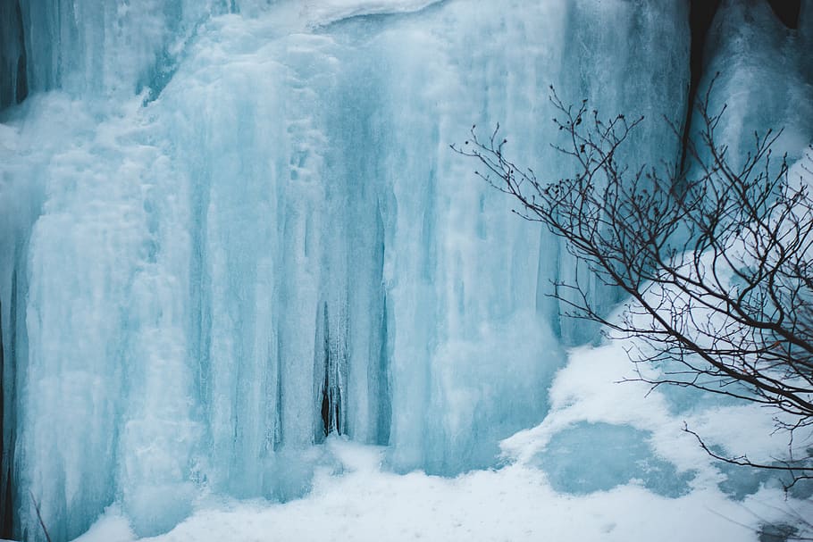black bare trees, outdoors, nature, water, river, ice, snow, waterfall HD wallpaper