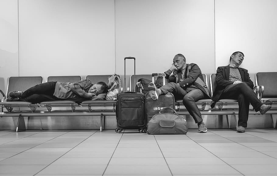 Gray Scalephoto of People Siting on Waiting Chairs, adult, airport