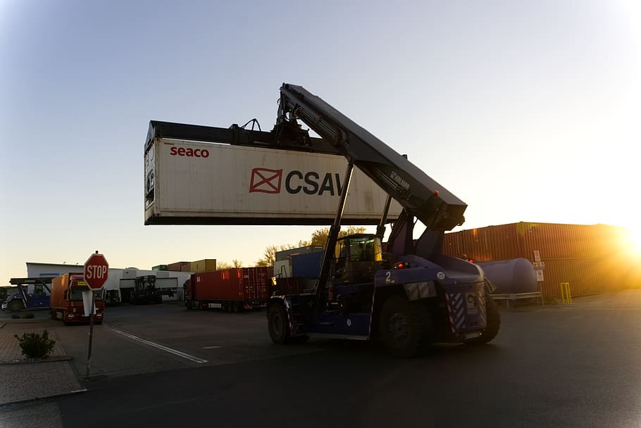 container, loading crane, sunrise, port, mobile, transport HD wallpaper