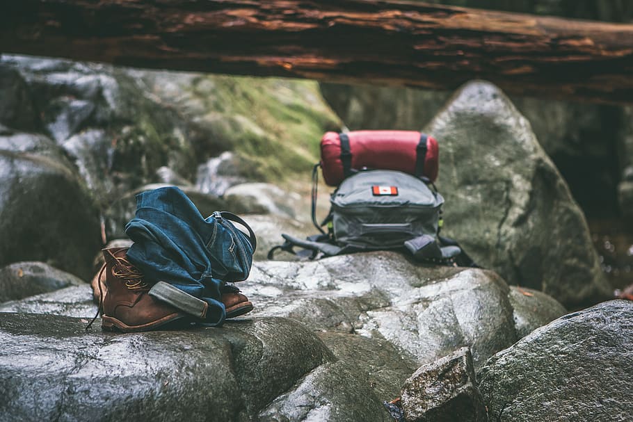 backpack, boots, environment, recreation, rock, stone, travel HD wallpaper