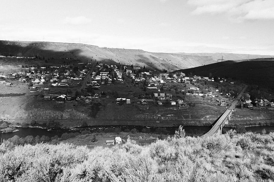 town, black and white, small town, ghost town, valley, bridge