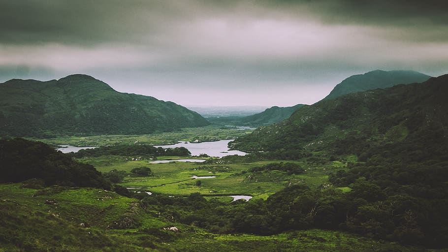 landscape, ireland, nature, clouds, water, green, sky, mood HD wallpaper