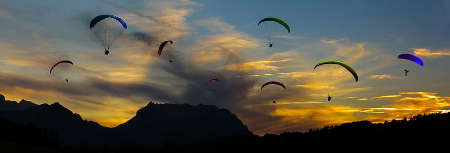 nature, sky, sunset, flying, paraglider, parachute, dom, clouds HD wallpaper