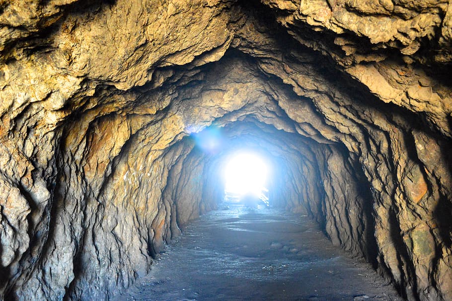 cave, perspective, shadow, texture, rocks, minerals, tunnel HD wallpaper