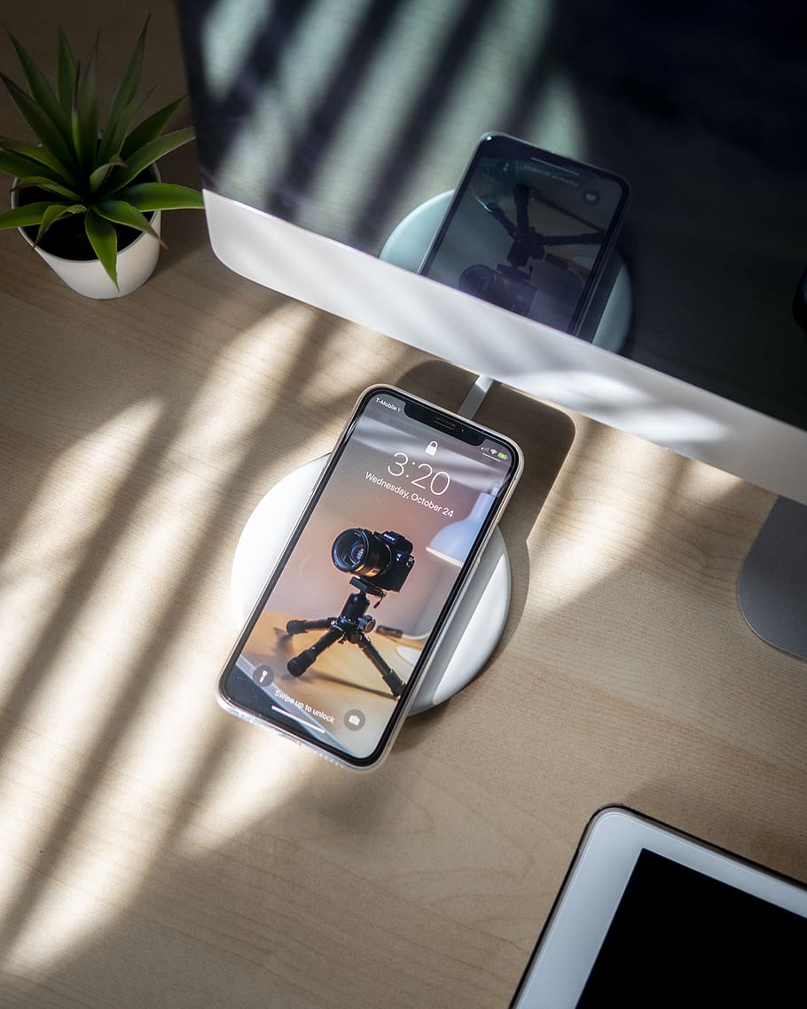 post-2016 iPhone, communication, table, high angle view, technology HD wallpaper