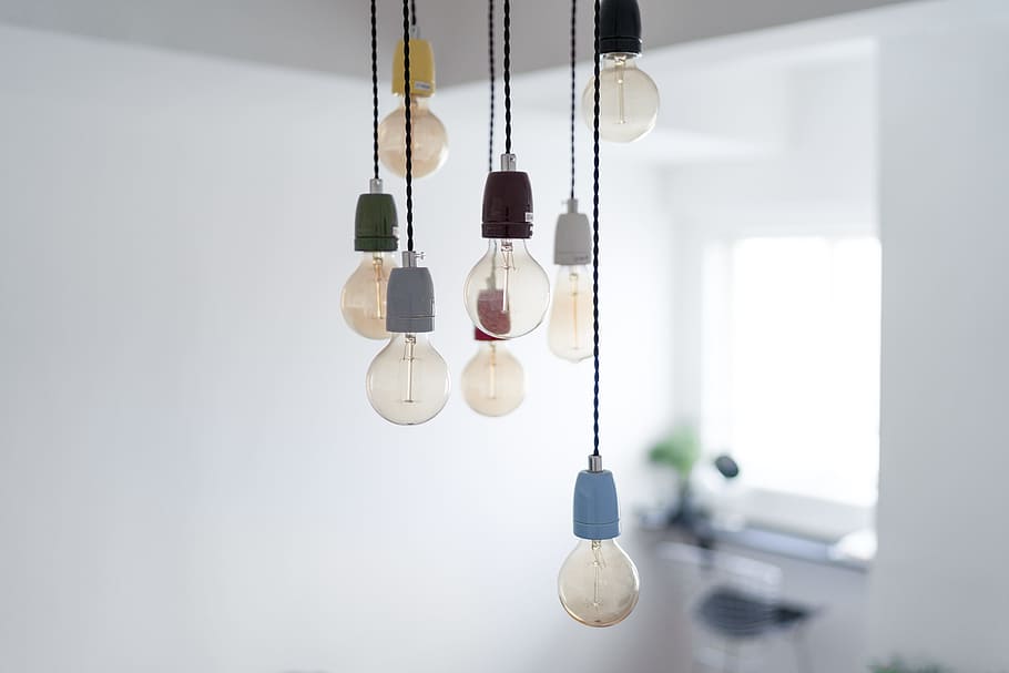 pendant lights, bulb, window, white, minimal, abstract, interior design HD wallpaper
