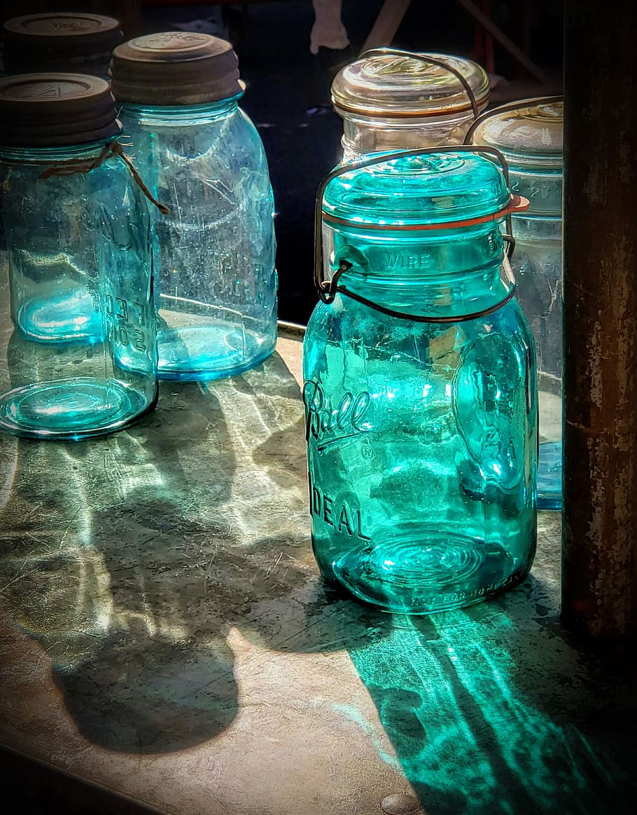 mason jar, glass, light, aqua, vintage, antique, flea market