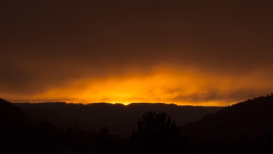 sunset, dusk, sky, evening, silhouette, darkness, mountain HD wallpaper