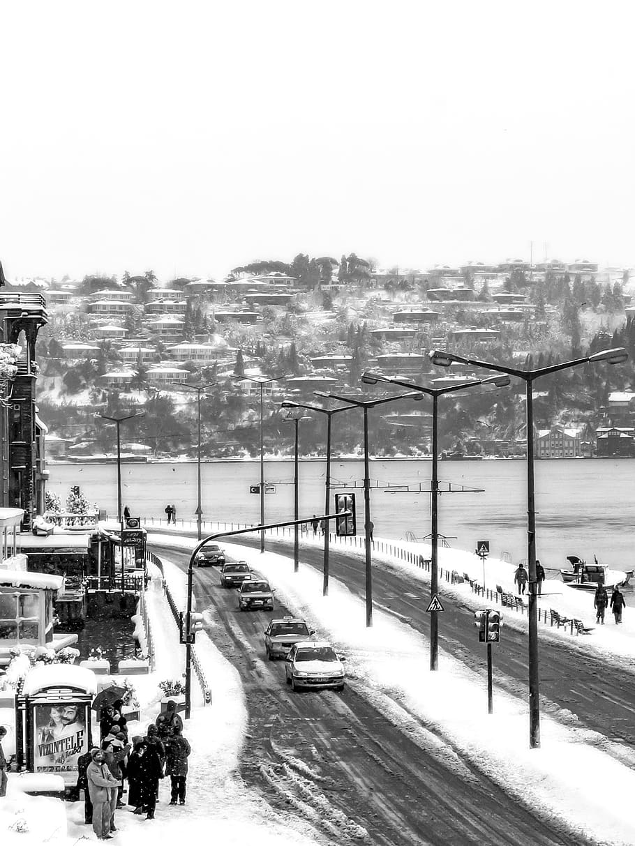 snow, winter, arnavutkoy, cold, road, frozen, street lights HD wallpaper