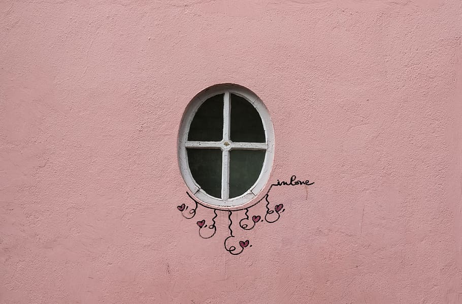 oval white framed glass window, pink, wall, graffiti, floral HD wallpaper