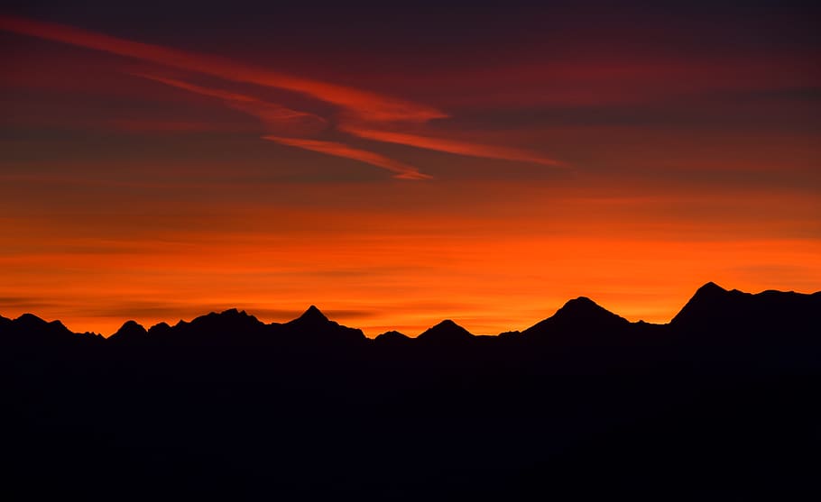 sunrise, alps, mountains, clouds, aurora, color, valais, silhouette HD wallpaper