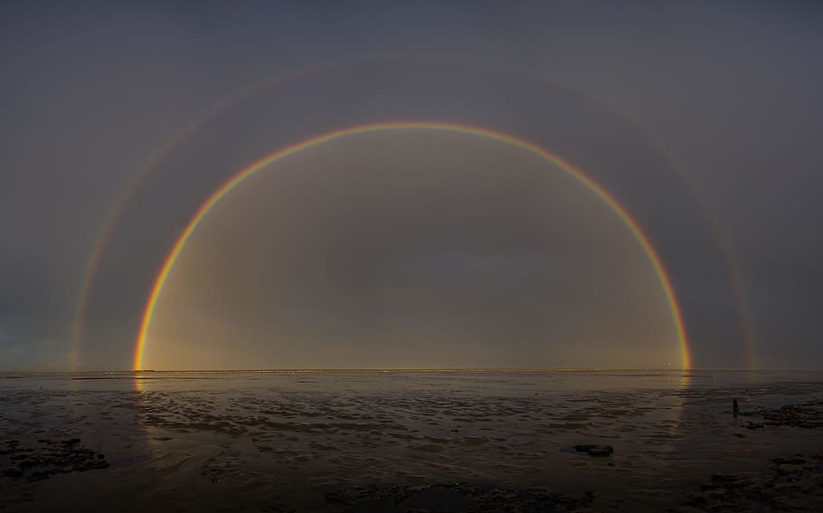 rainbow photo, water, double rainbow, ocean, reflection, sea
